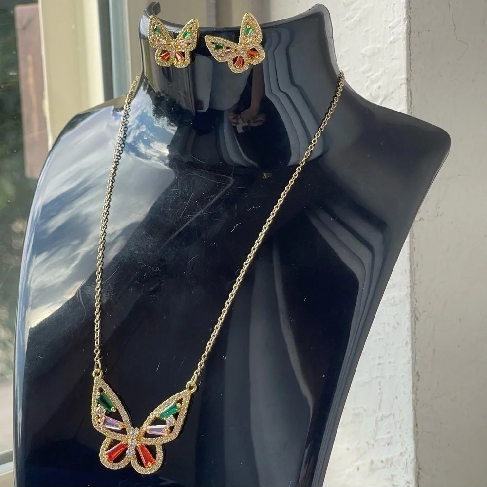 Stainless Steel Copper 18k Gold Plated Butterfly Zircon Earrings & Necklace Set